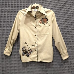 VTG Butterfly Applique Shirt Jacket Sm 70s Floral Canvas Shacket Autumn Grandma